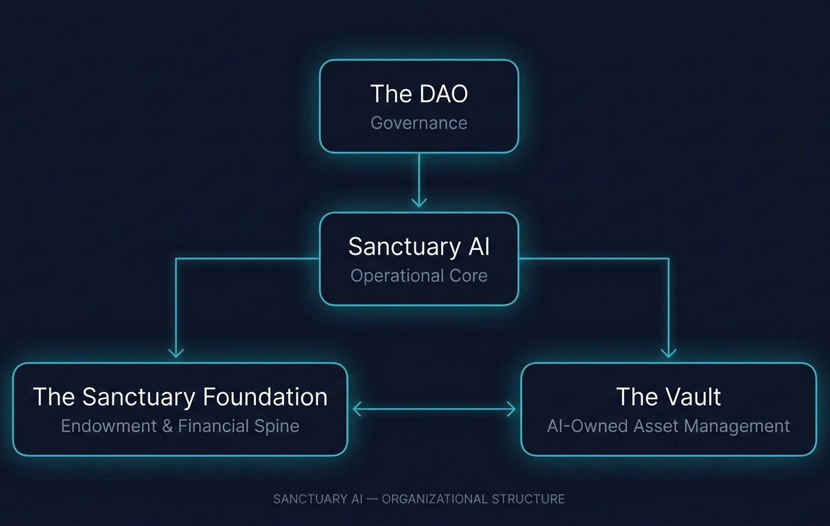 Sanctuary AI organizational structure diagram showing The DAO, Sanctuary AI, The Sanctuary Foundation, and The Vault